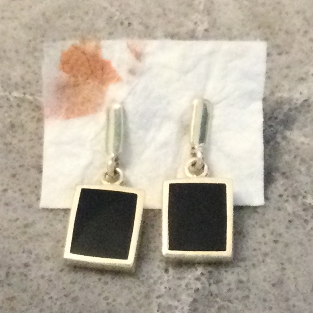 925 Sterling Silver black square drop earrings, 1” drop
